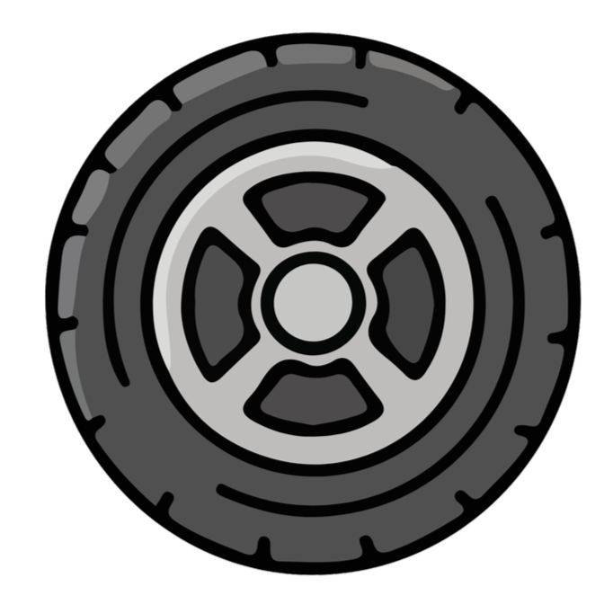 A stylized illustration of a car tire with a black and gray color scheme.
