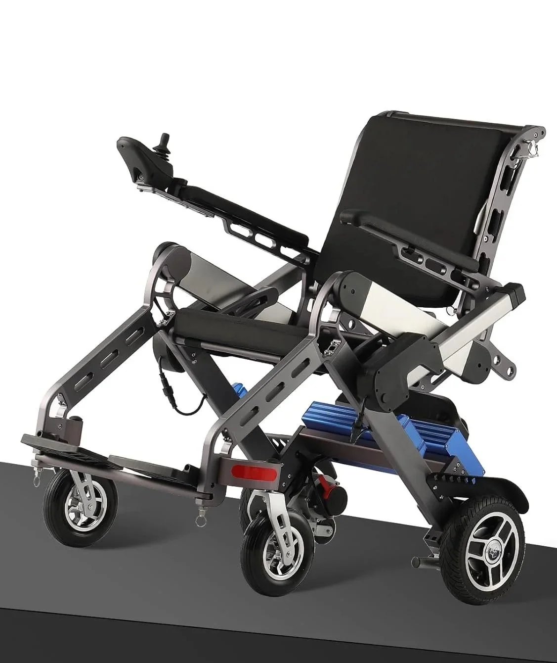 Electric wheelchair with a black seat and controls, set against a white background.