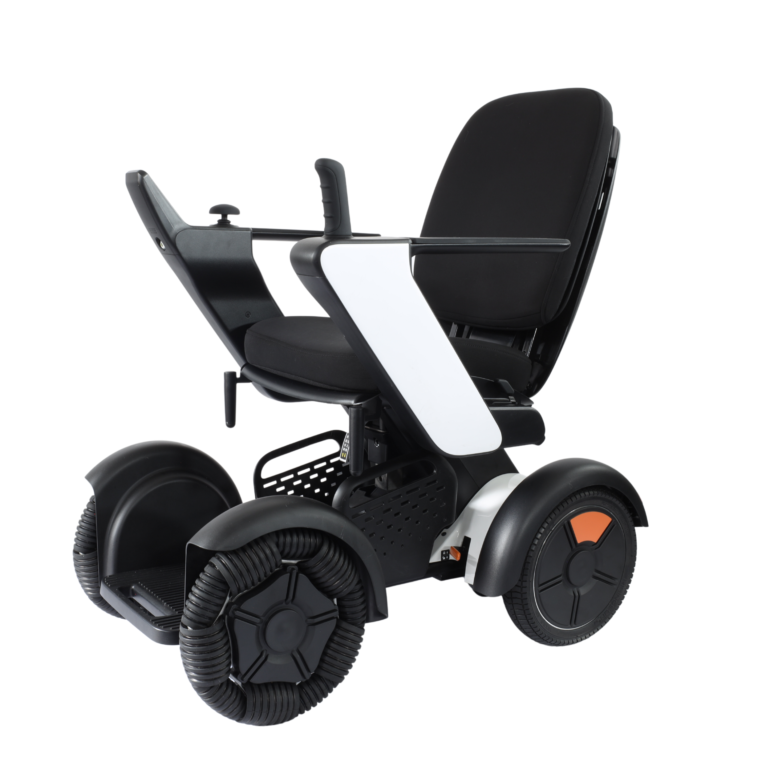 A modern electric wheelchair with large black tires, white and black frame, padded black seat and backrest, and adjustable armrests.