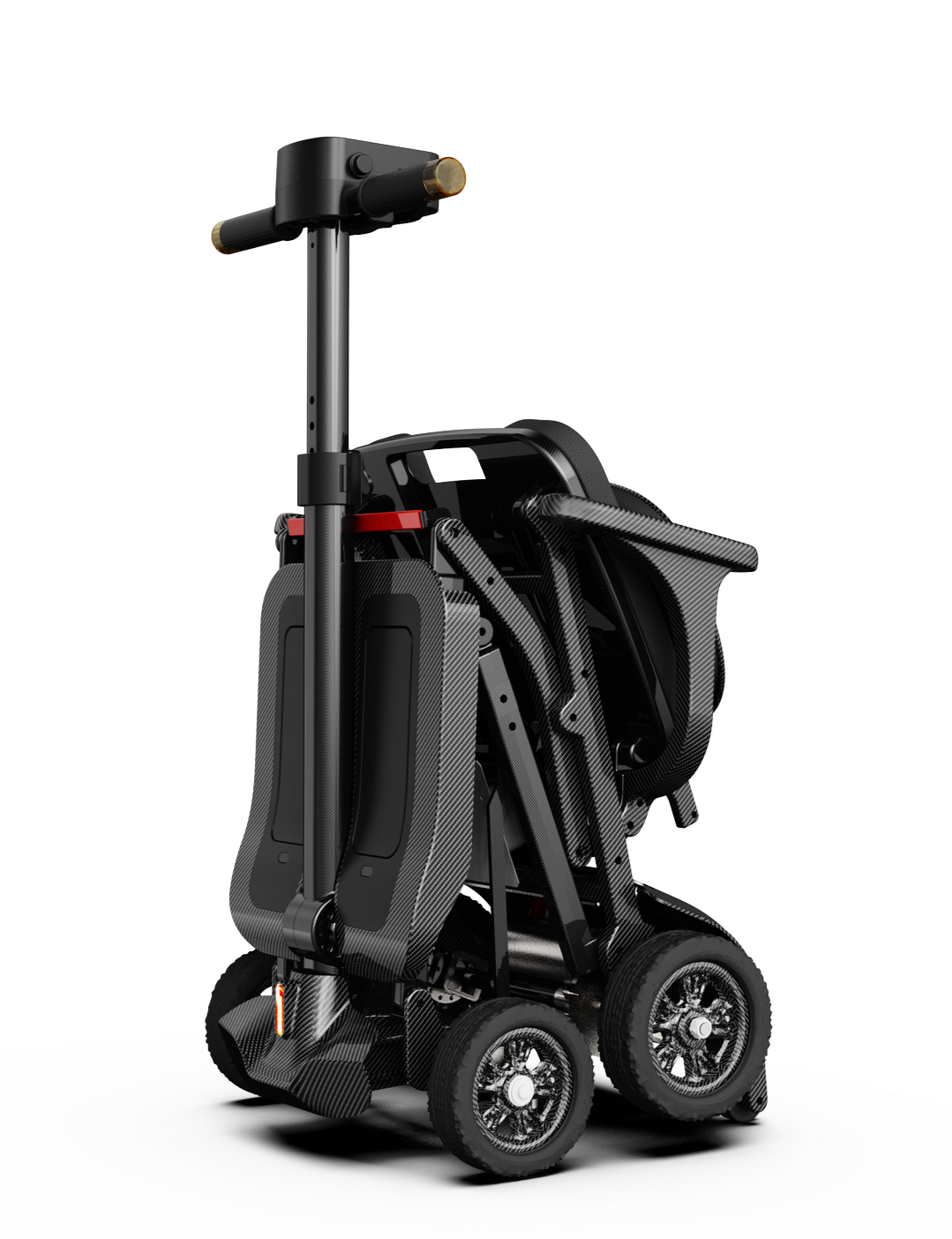 Folded black electric wheelchair with a sleek modern design and carbon fiber accents, placed on a white surface against a black background.