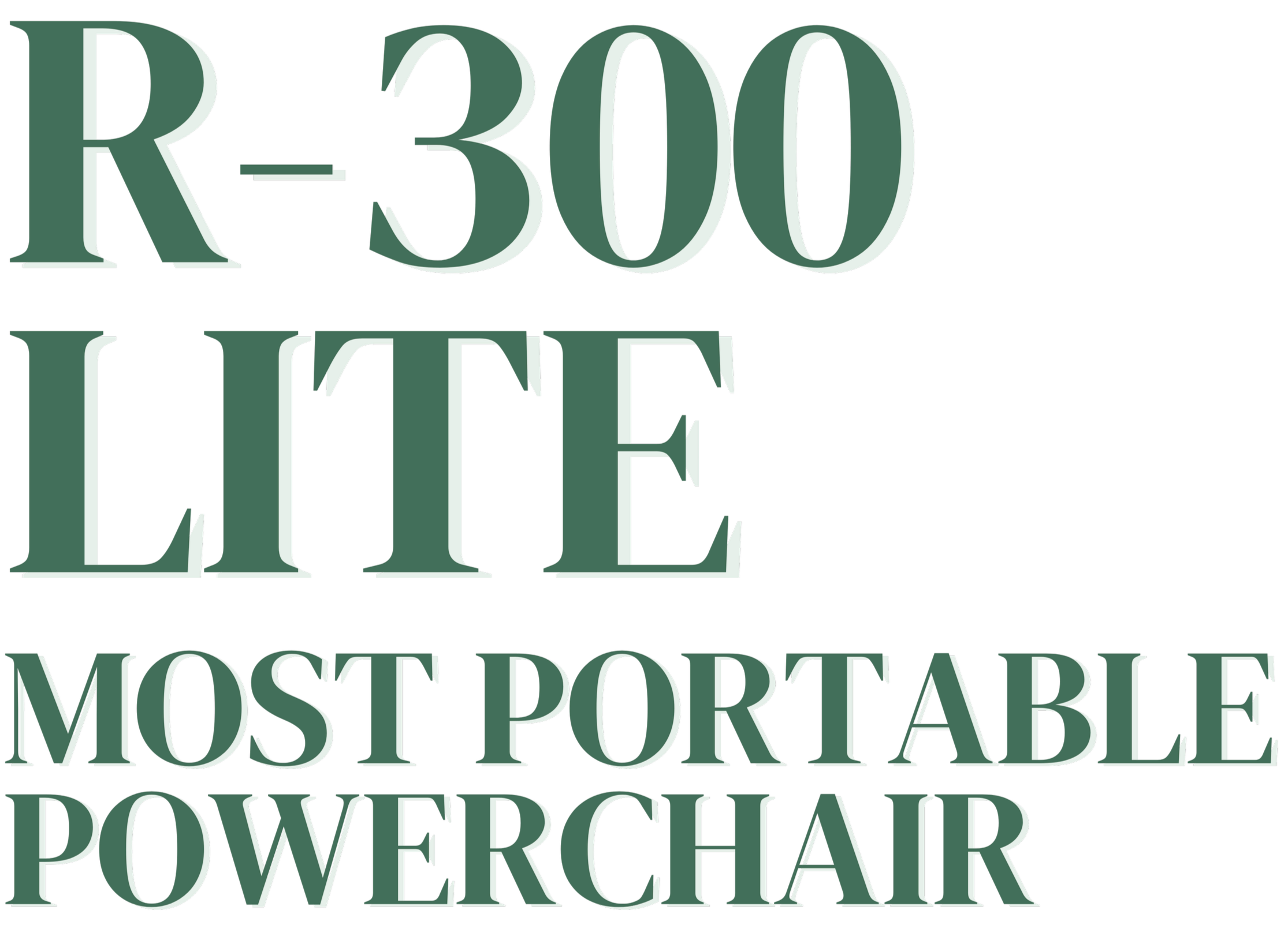 Text saying 'R-3000' in large green and white letters, with smaller text below reading 'Most Portable Powerchair'.