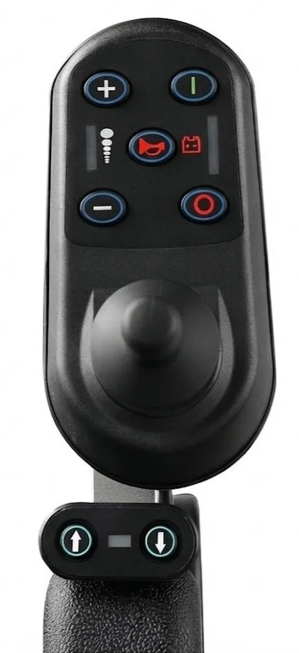 A drone remote controller with various buttons and a joystick, including +/-, power, camera, and directional controls.