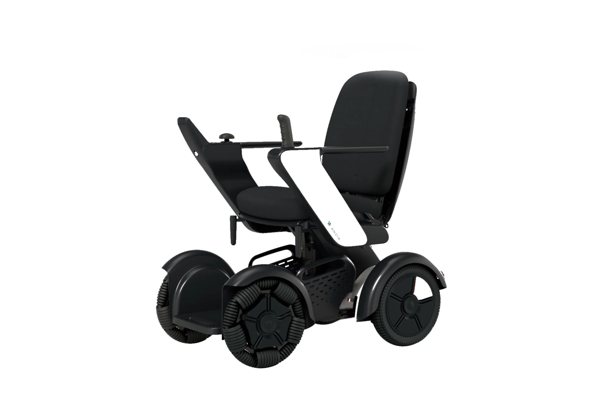A modern black and white electric wheelchair with large rear wheels, smaller front wheels, and a comfortable padded seat and backrest.