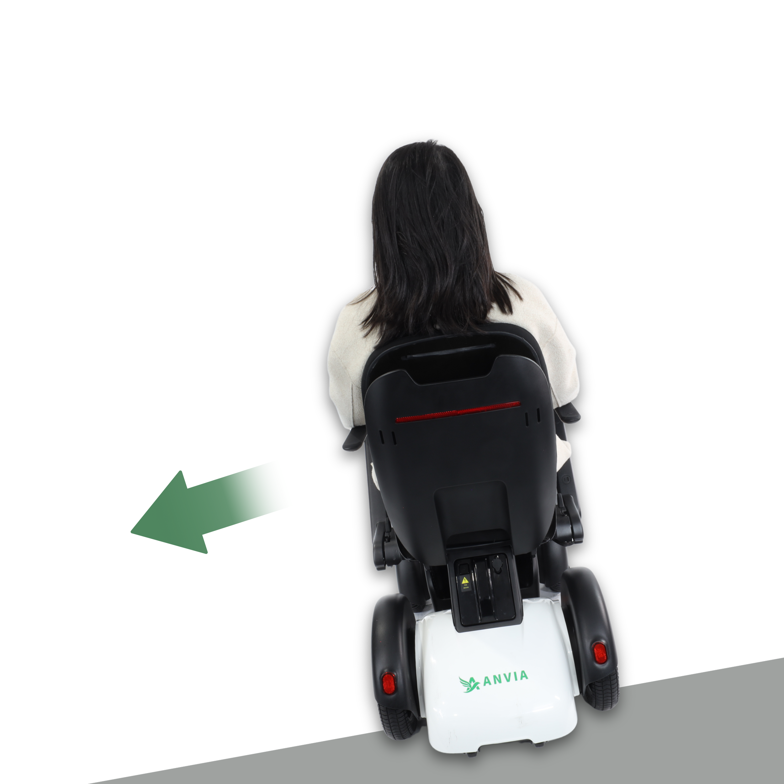 A woman with black hair sitting on a mobility scooter branded 'ANVIA' against a black background, with a green arrow pointing to the side of the scooter.