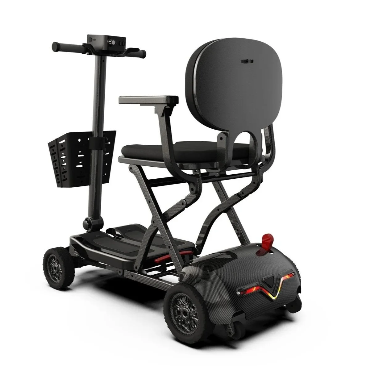 An innovative electric mobility device with a seat, handlebars, and a platform for standing, designed for personal transportation.