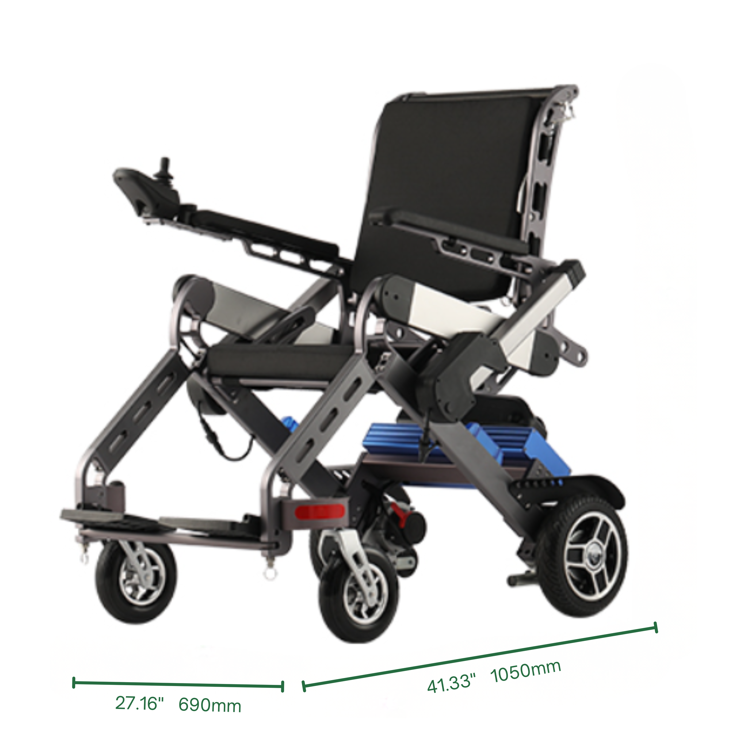 An electric wheelchair with adjustable footrest, armrests, and a black cushioned seat and backrest, featuring dimensions labeled in inches and millimeters.