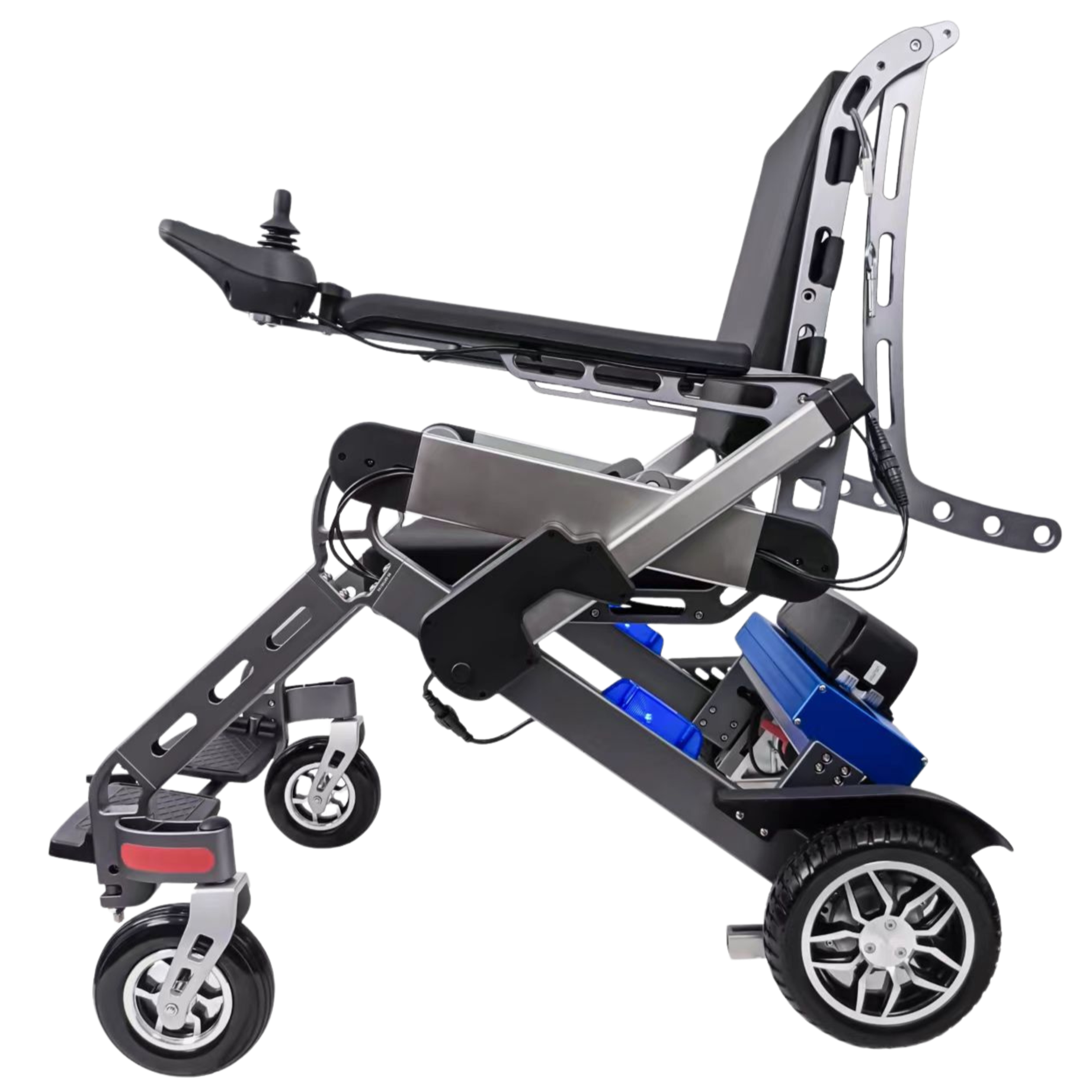 A modern electric hospital bed on wheels with adjustable sections, black mattress, and a blue control box underneath.