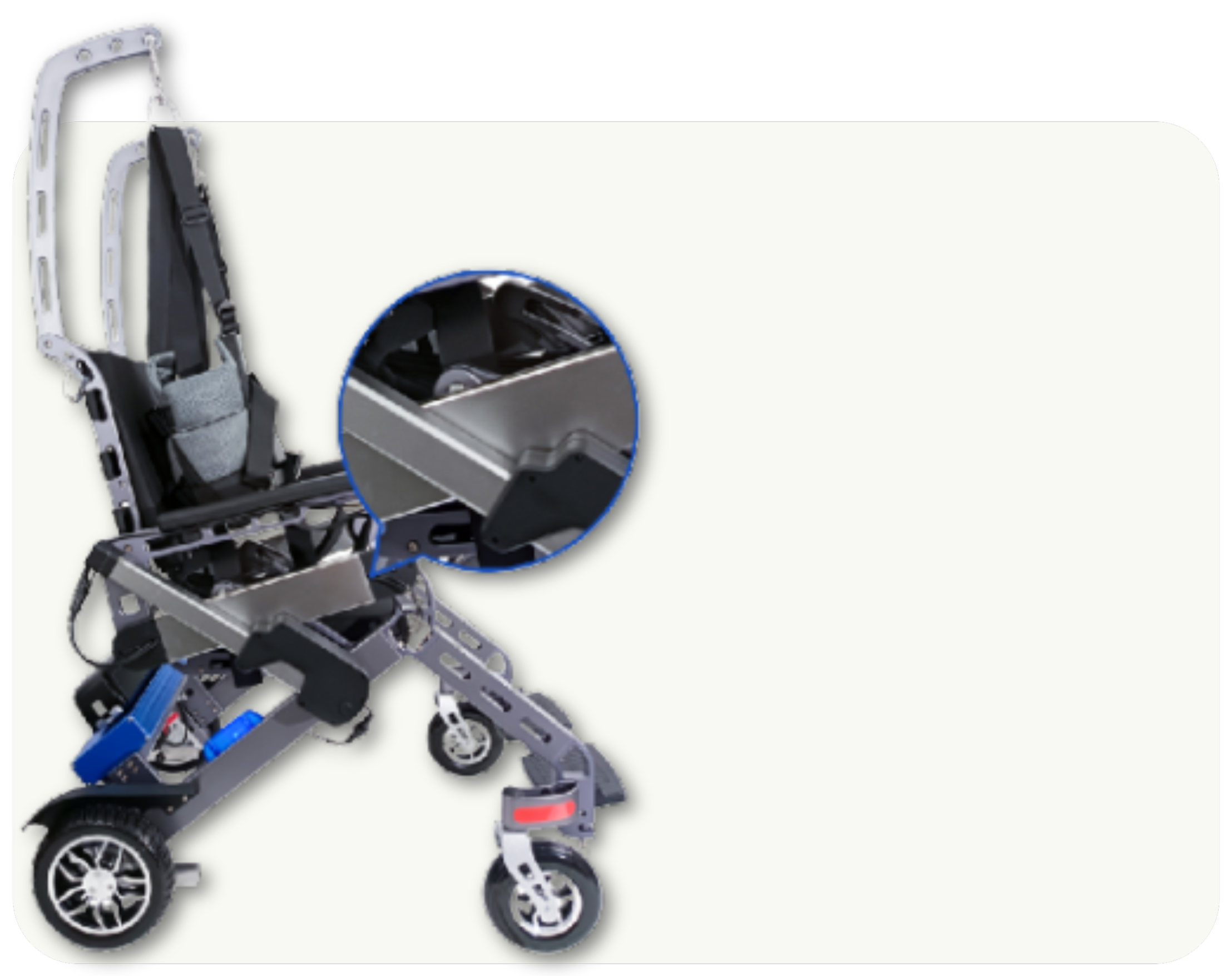 A detailed view of a robotic wheelchair with a close-up of its control panel.