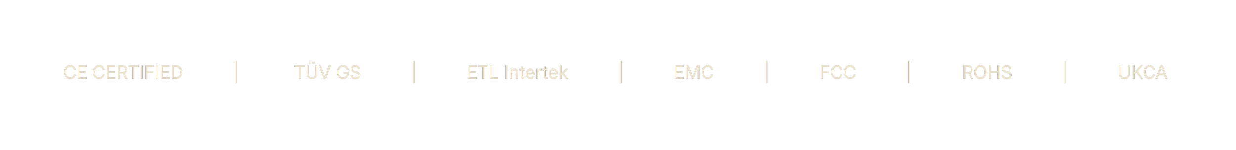 Close-up of certification and compliance logos including CE Certified, TÜV GS, ETL Intertek, EMC, FCC, ROHS, and UKCA.