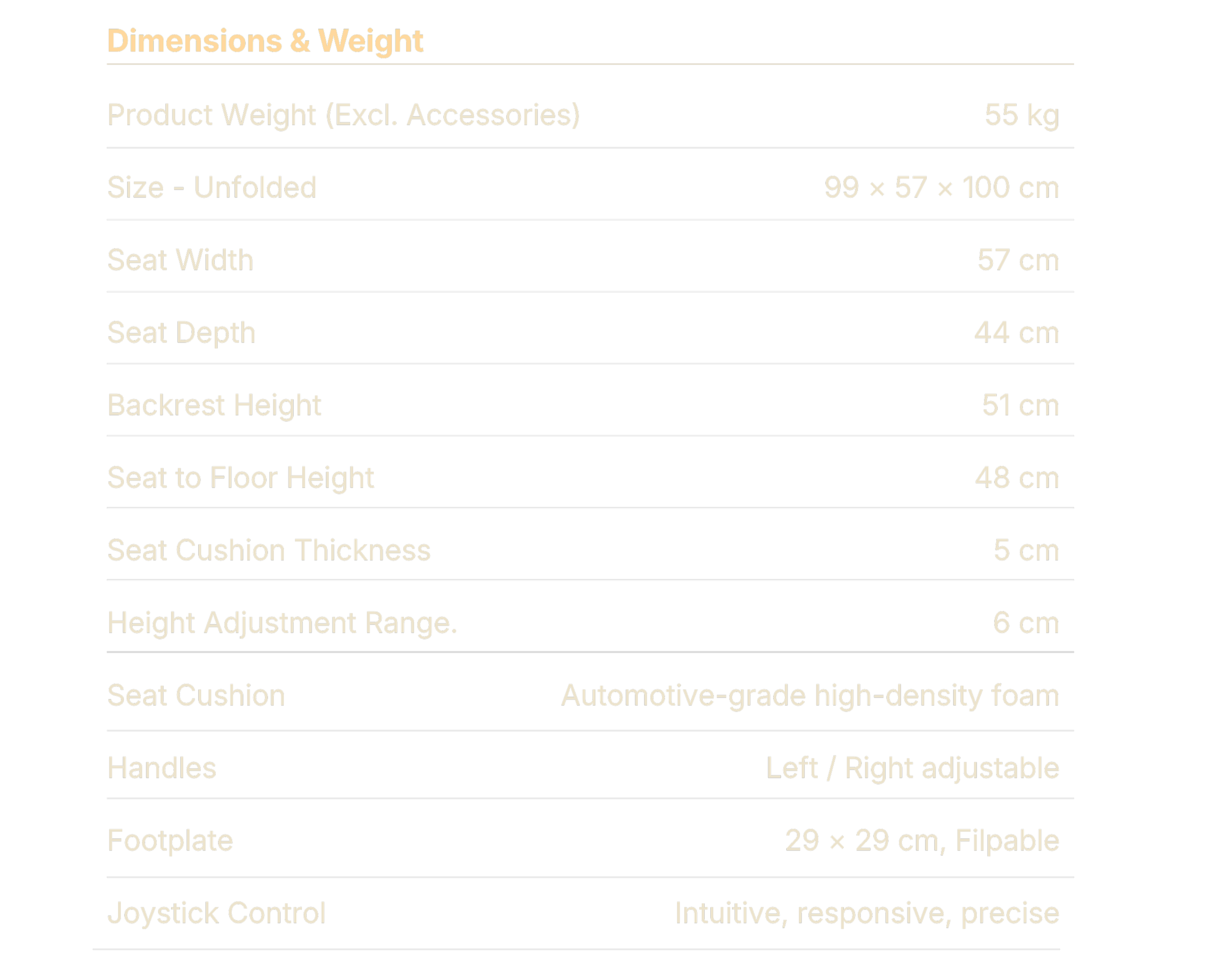 A chart with a black background and beige text titled 'Dimensions & Weight' lists specifications of a chair, including product weight, size, seat dimensions, backrest height, seat to floor height, seat cushion, handles, footplate, joystick control, and left/right adjustability.