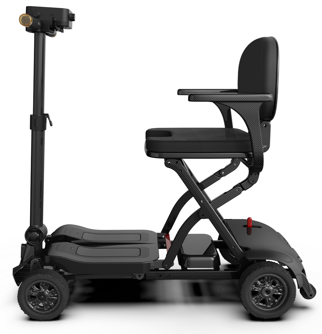 A black electric wheelchair with a sleek, modern design, featuring a cushioned seat and backrest, a carbon fiber frame, and four black wheels, placed on a plain background.