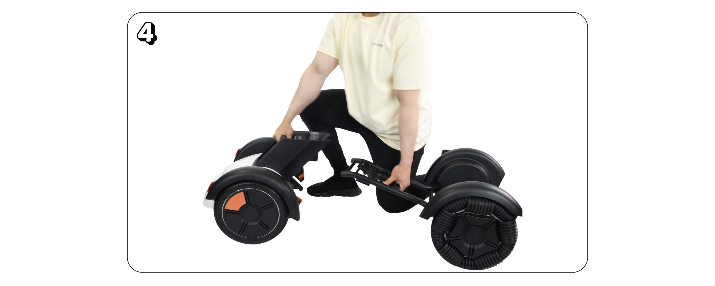 Person riding a modern electric hoverboard-style vehicle with large wheels, wearing a light-colored T-shirt, against a black background.