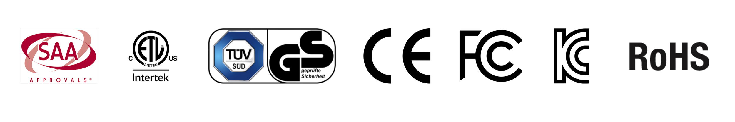 A row of certification logos including SAA Approvals, Intertek, TUV, cULus, and RoHS on a black background.