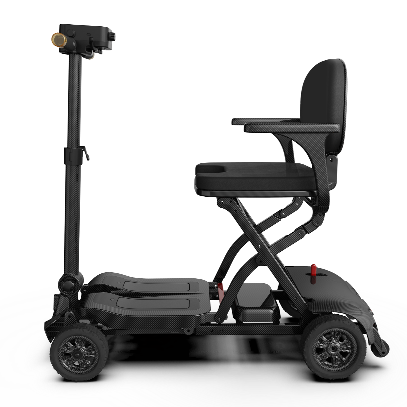 A modern, black mobility scooter with a padded seat, handlebars, and four wheels.