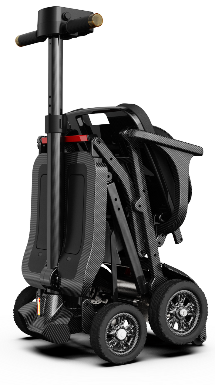 A foldable electric mobility scooter with a black carbon fiber finish, featuring four small wheels, a handlebar, and a compact design.