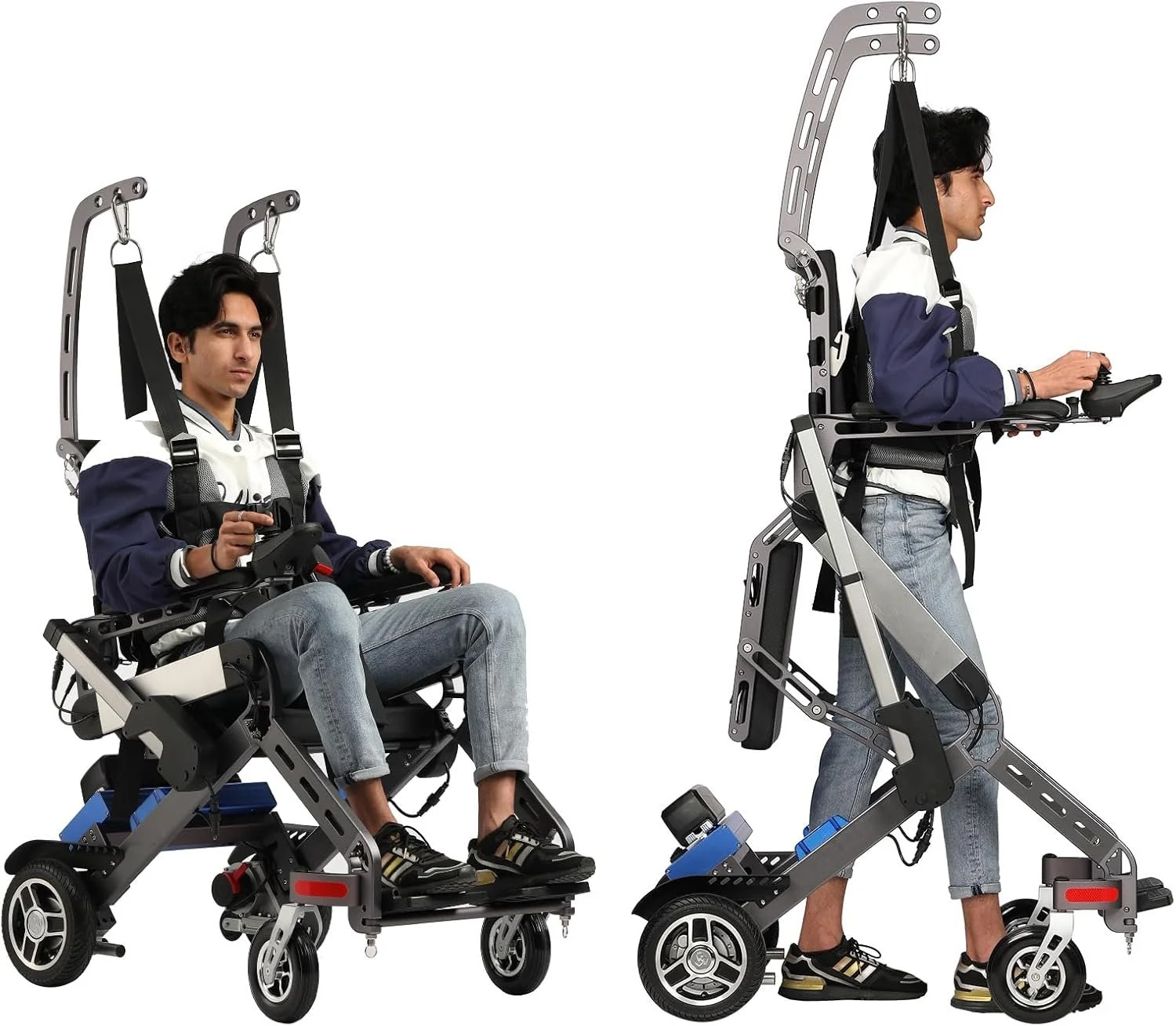 Two men using motorized mobility scooters, one sitting and one standing, both facing right, with a white background.