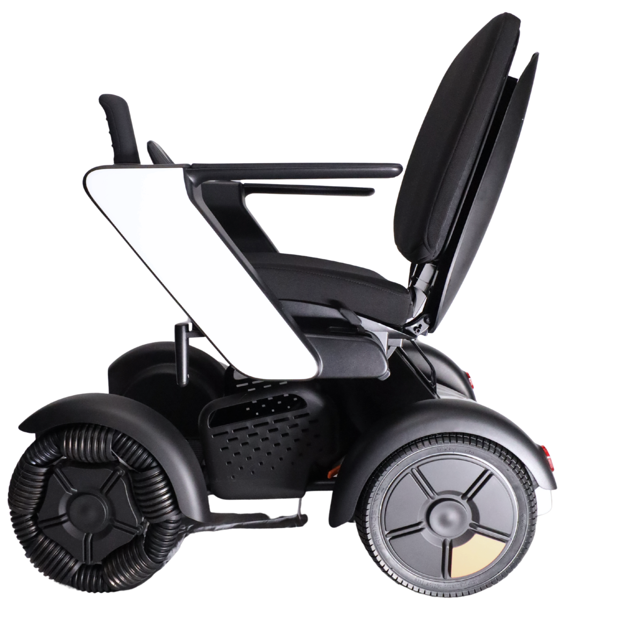 Side view of a black and white electric wheelchair with a seat, armrests, and large wheels.