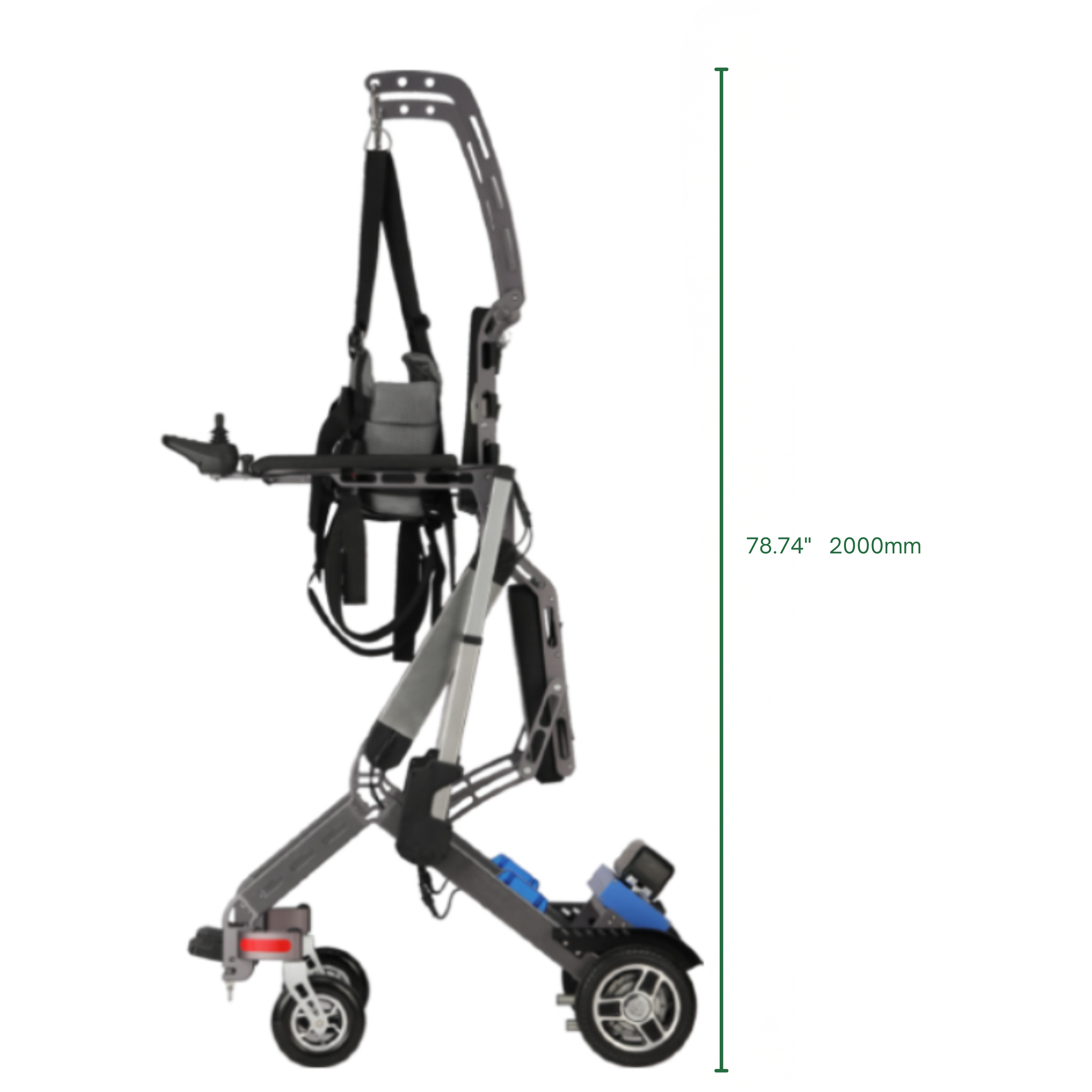 A modern electric wheelchair with a sleek metallic frame, black accents, and small front wheels, shown with a height of approximately 78.74 inches or 2000 millimeters.