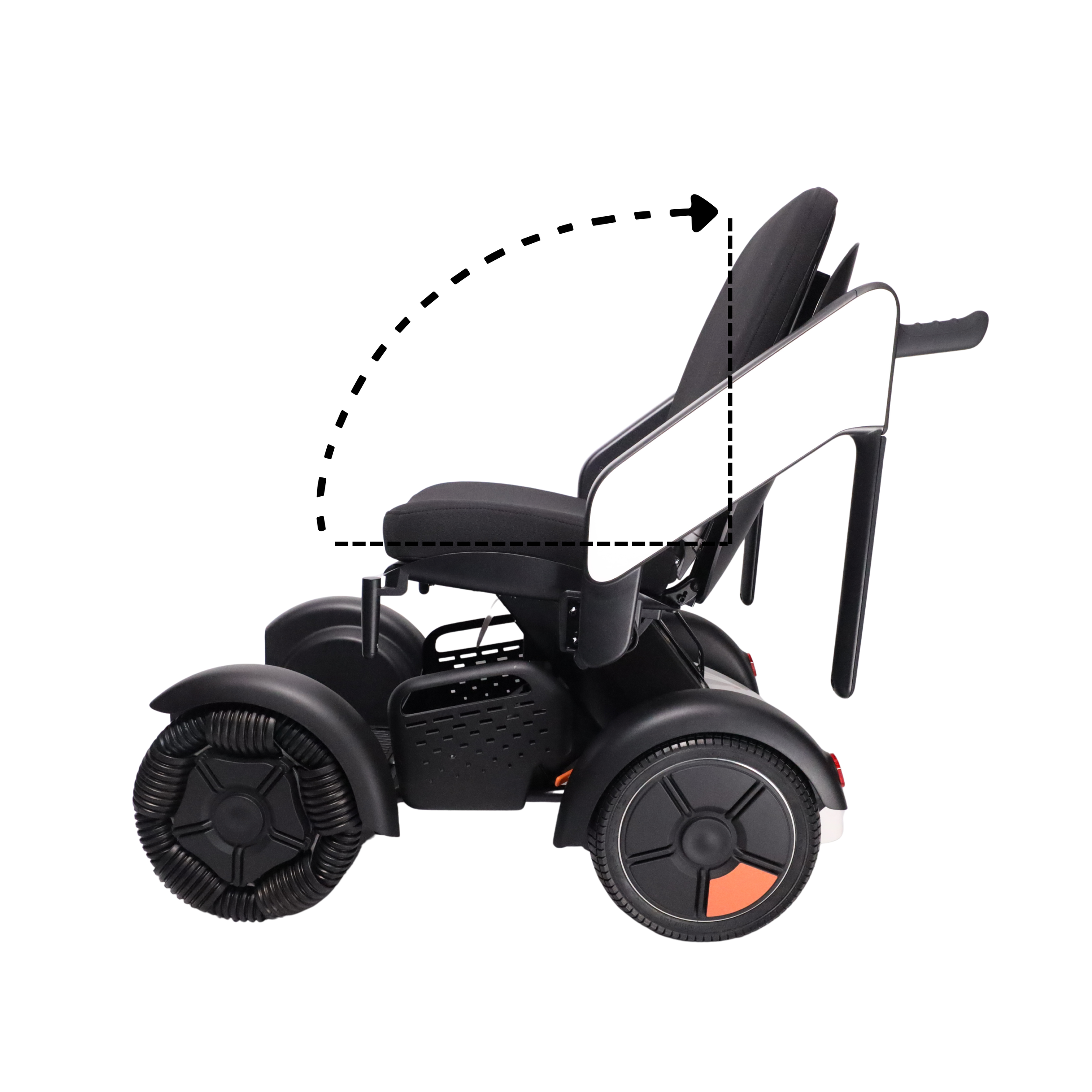 An electric wheelchair with a black seat and a white backrest, featuring large wheels at the back and smaller wheels at the front, designed for mobility assistance.