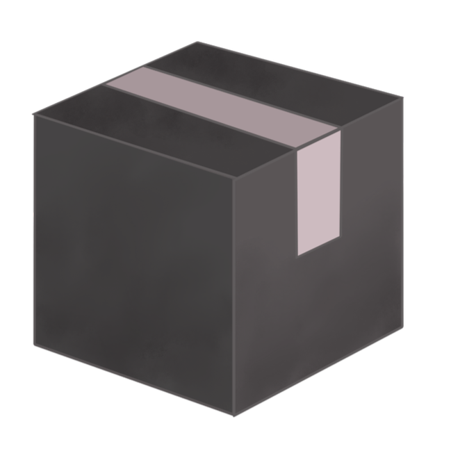 Black cardboard box with a white strip on top and a white tab on the side, against a black background.