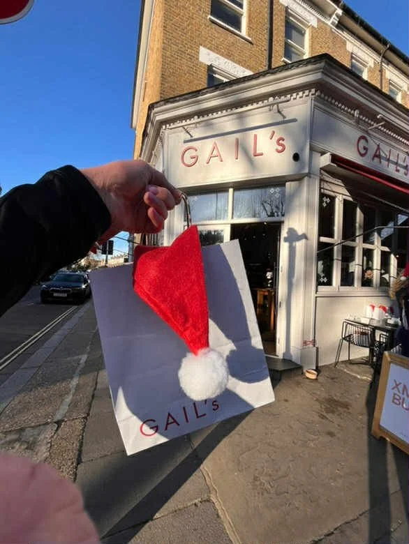 Person holding a shopping bag with a red Santa hat decoration outside a storefront named GAIL'S.