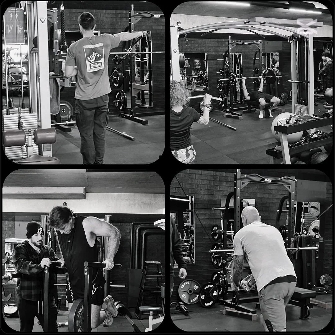 Four scenes of people working out at a gym, including weightlifting, using resistance bands, and performing various exercises.