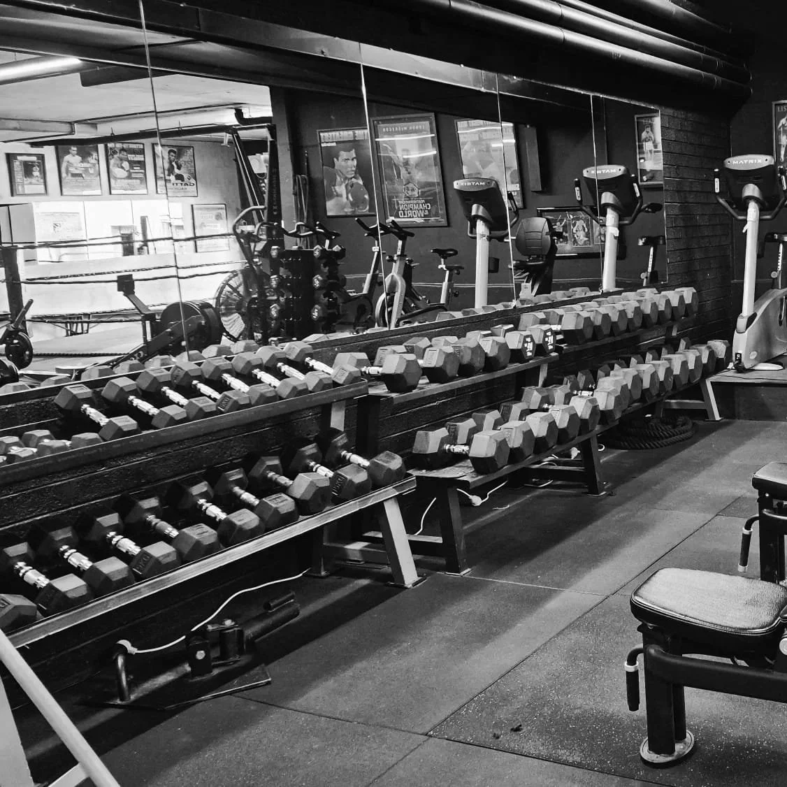 Mirror reflecting gym equipment including dumbbells, stationary bikes, and treadmills in a fitness center.