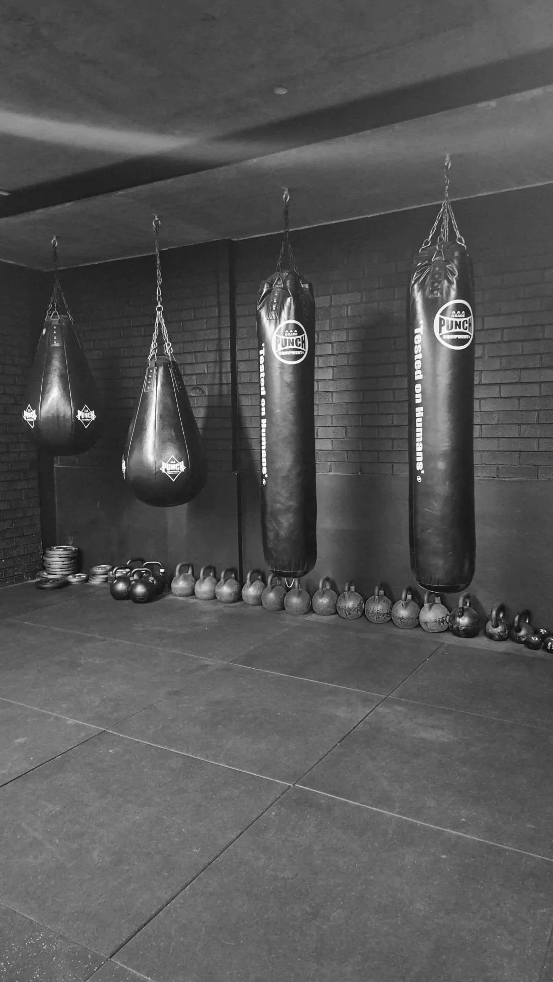 A gym with hanging punching bags, kettlebells, and weight plates against a brick wall in a black and white photo.
