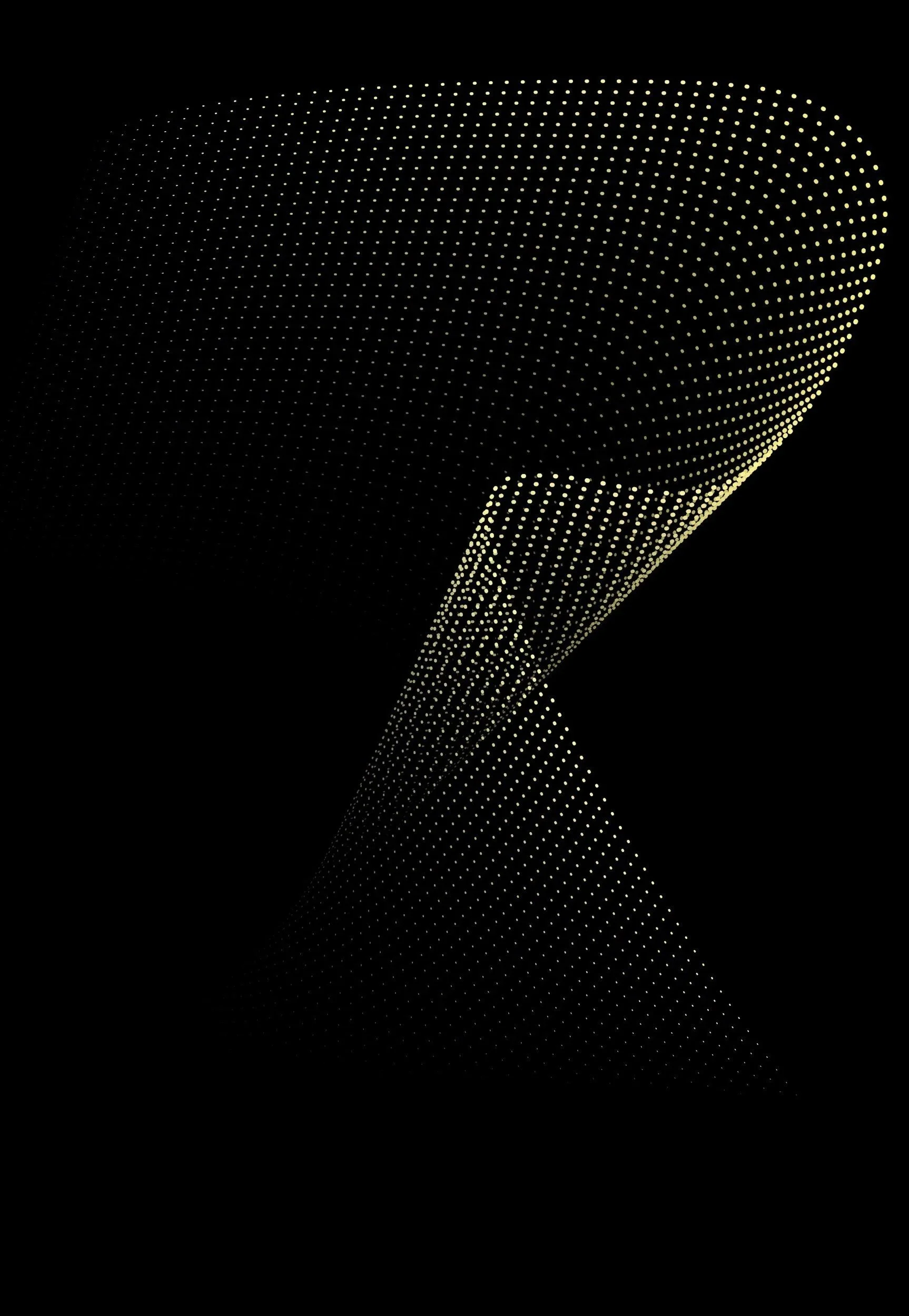 Abstract digital sculpture made of illuminated dots against black background.