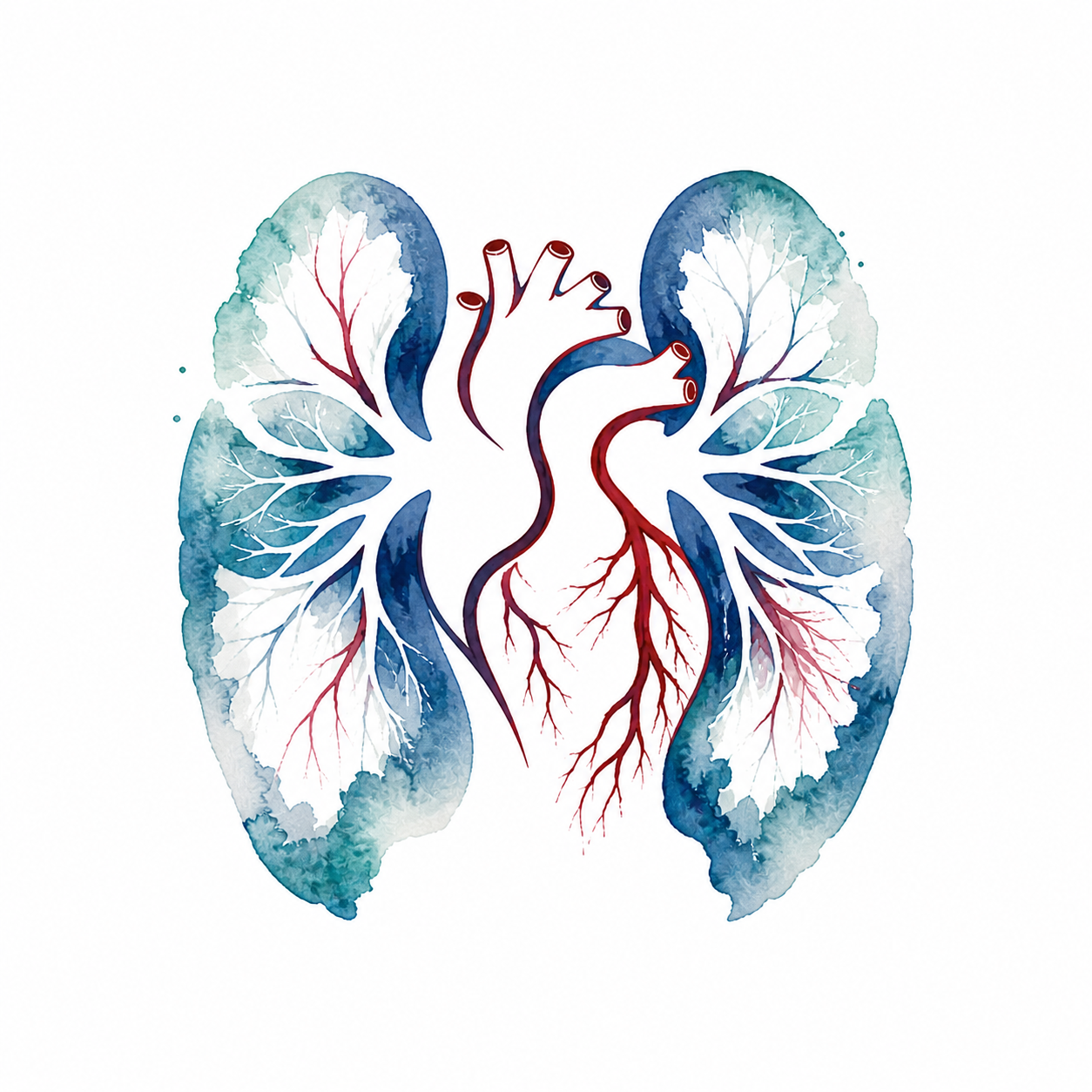 Watercolor illustration of a human heart integrated with blue and red tree branches and leaves.