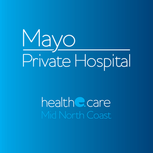 Blue background with white text displaying 'Mayo Private Hospital' and 'health e care Mid North Coast'.