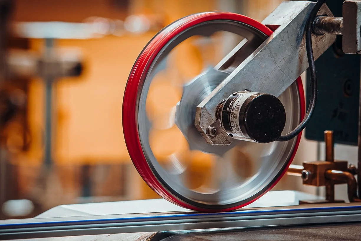 Ein rot umrandeter Metallrad in Bewegung, das an einer Maschine befestigt ist.