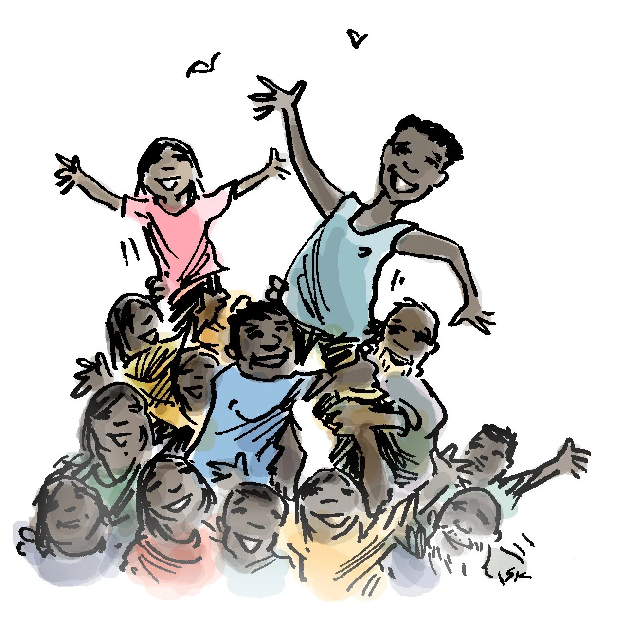 A group of smiling young people. Art provided by Simon Kneebone