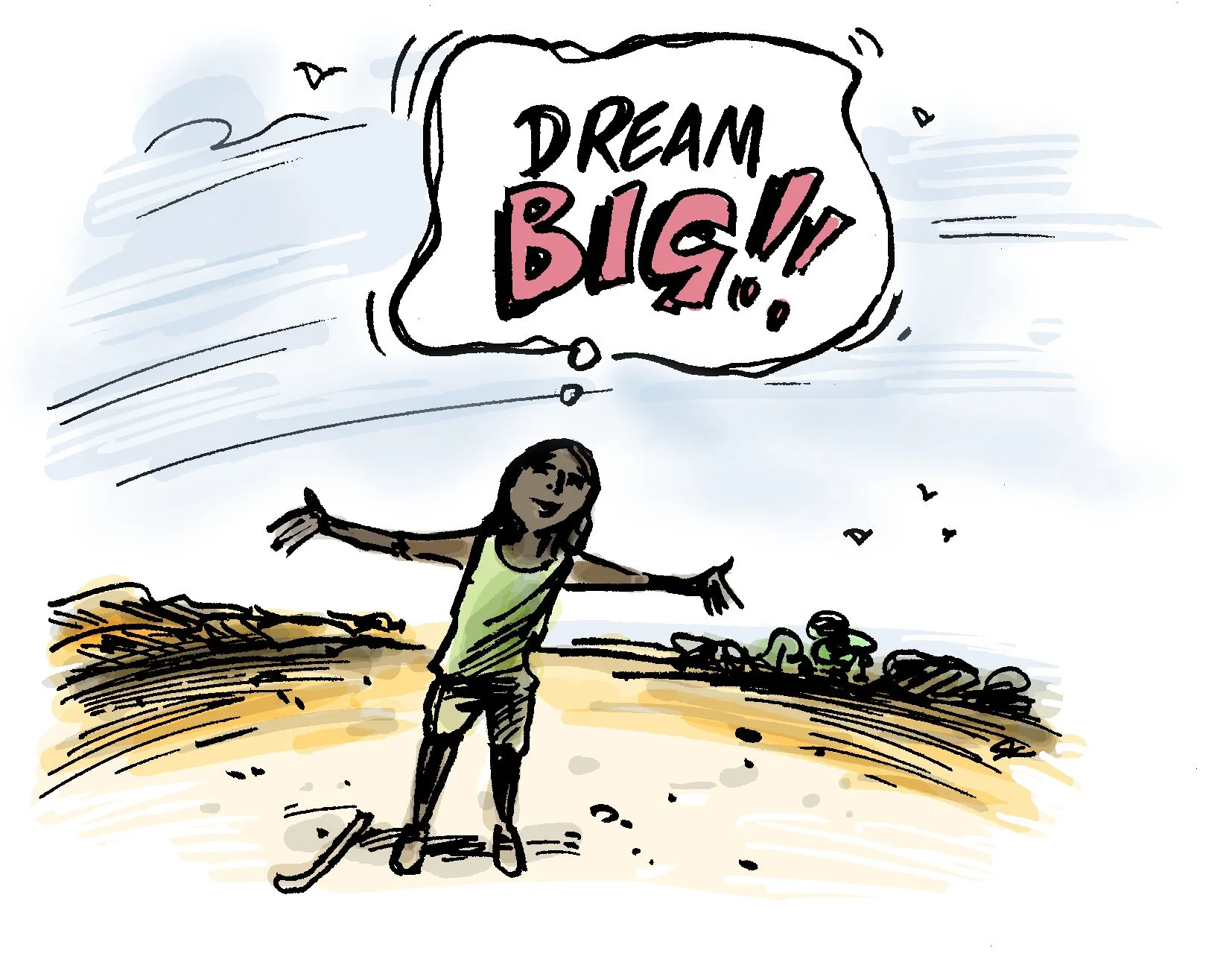 Young woman with arms stretched out standing in the Country. A thought bubble reads Dream Big. Art provided by Simon Kneebone.