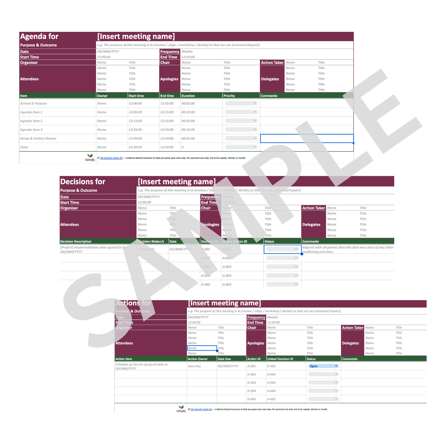 Screenshots of the meeting agenda, decisions and action