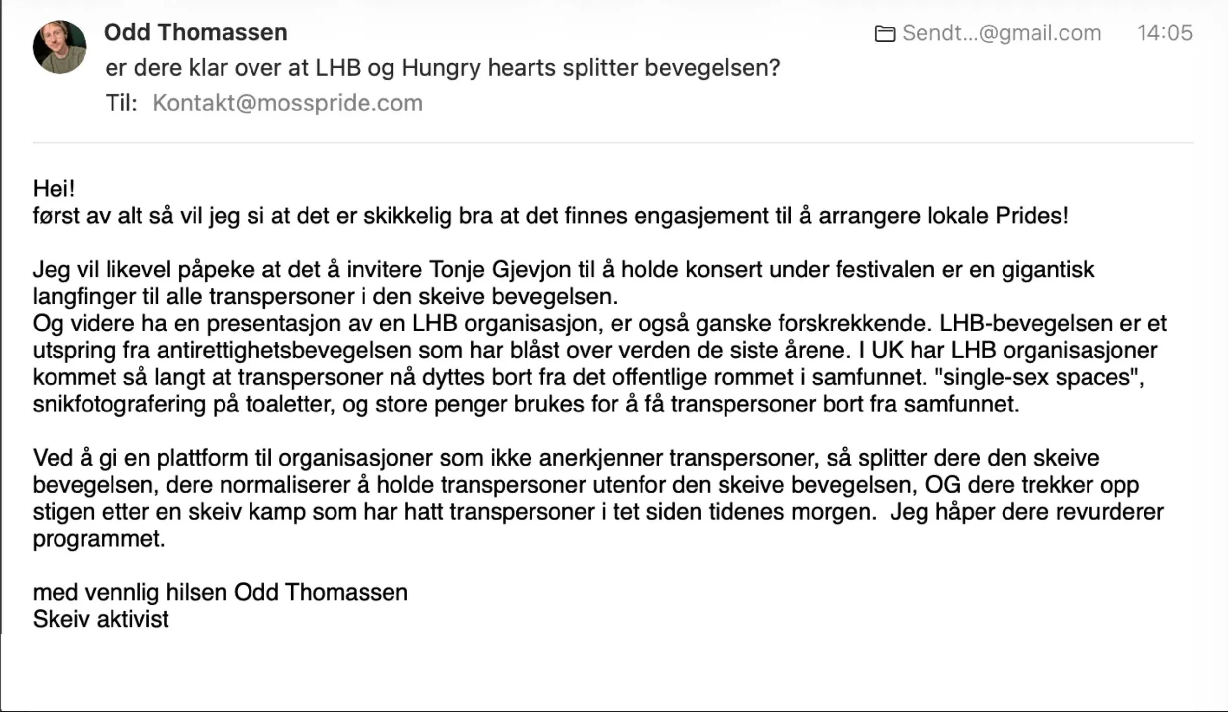 E-post fra Odd Thomassen til Moss Pride