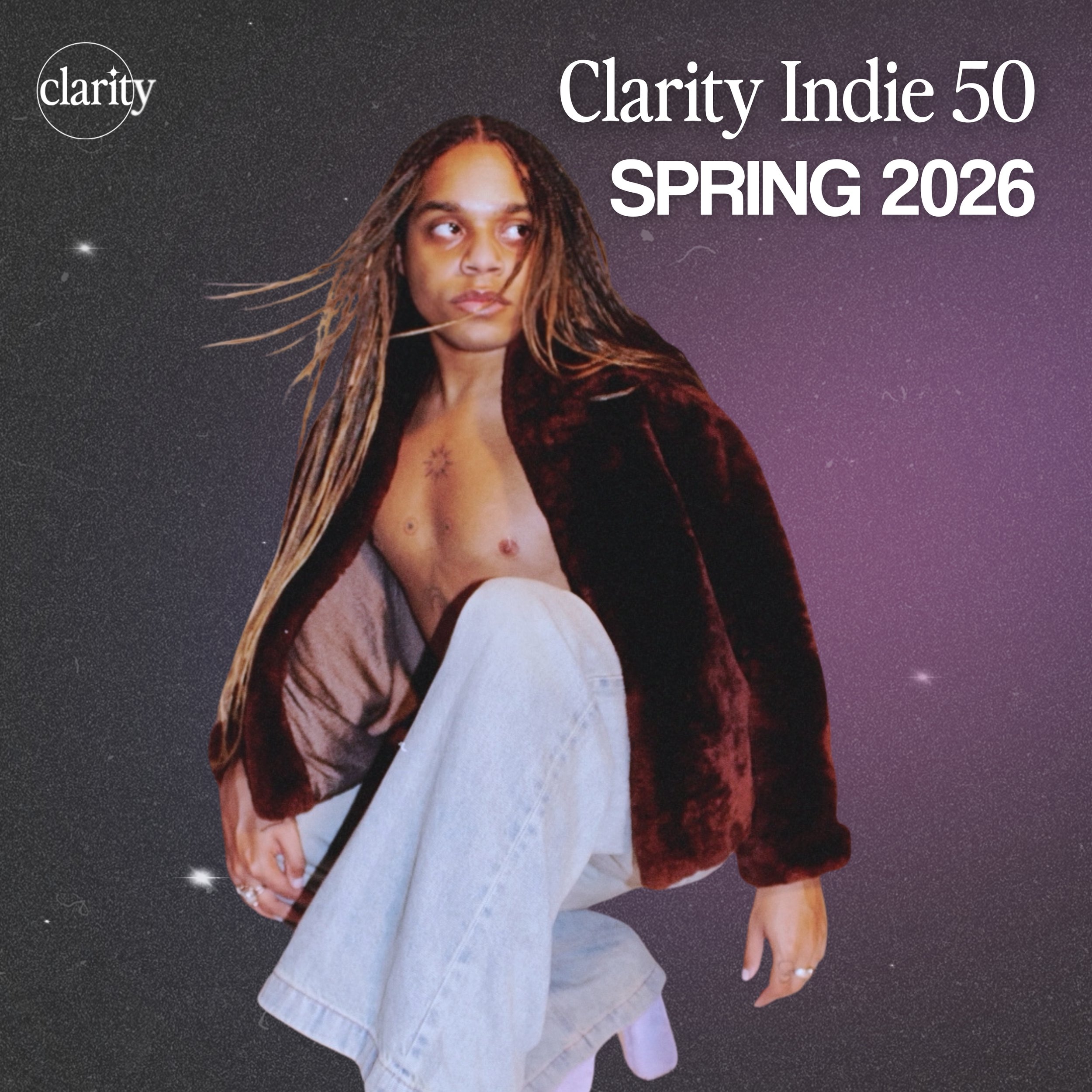 Clarity Indie 50 Spring 2026 playlist cover spotlighting independent artists, with Quentin in a maroon fur coat posed against a cosmic purple backdrop.