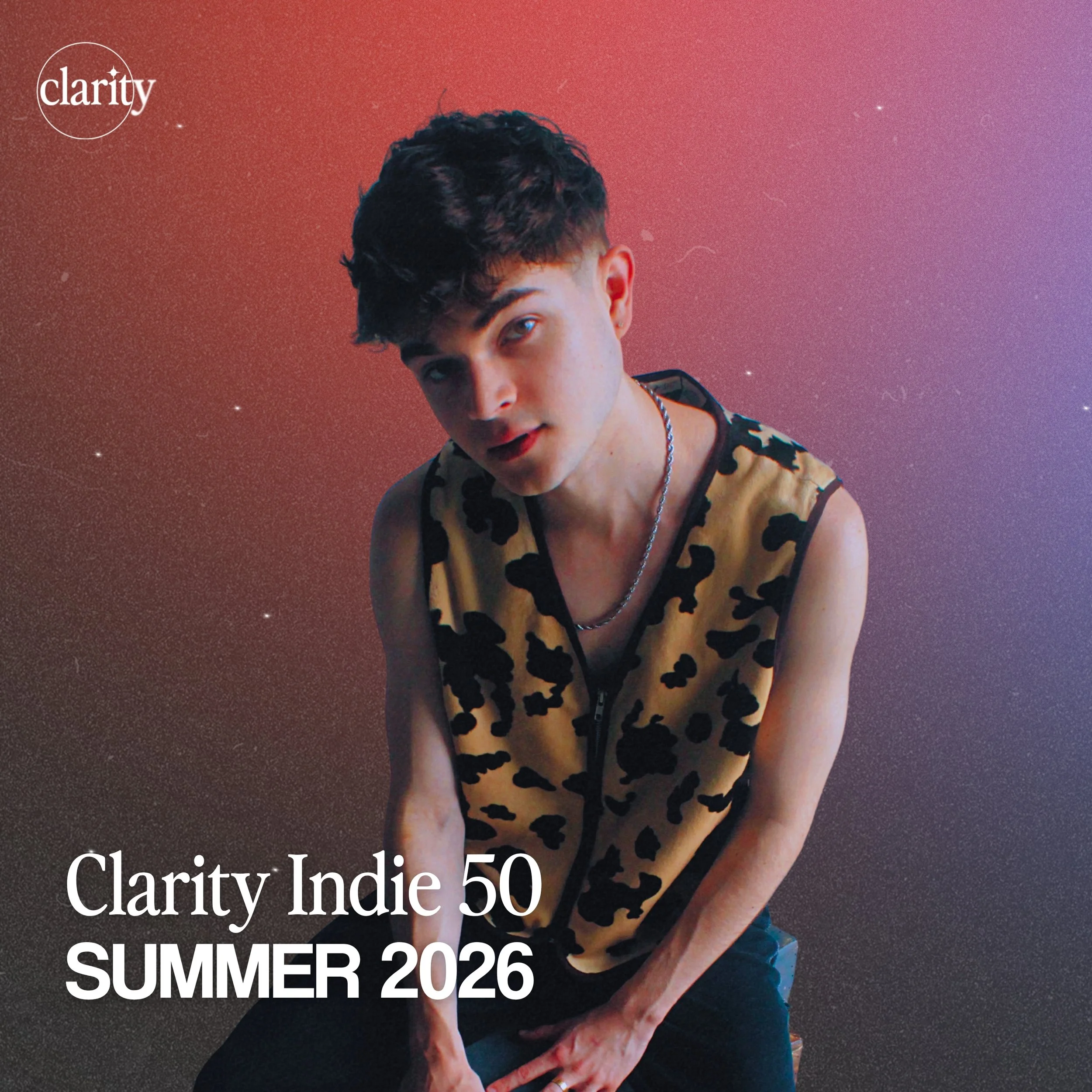 Clarity Indie 50 Summer 2026 playlist cover highlighting independent artists, with JJ Alan in a cow-print vest posed against a cosmic red and purple backdrop.