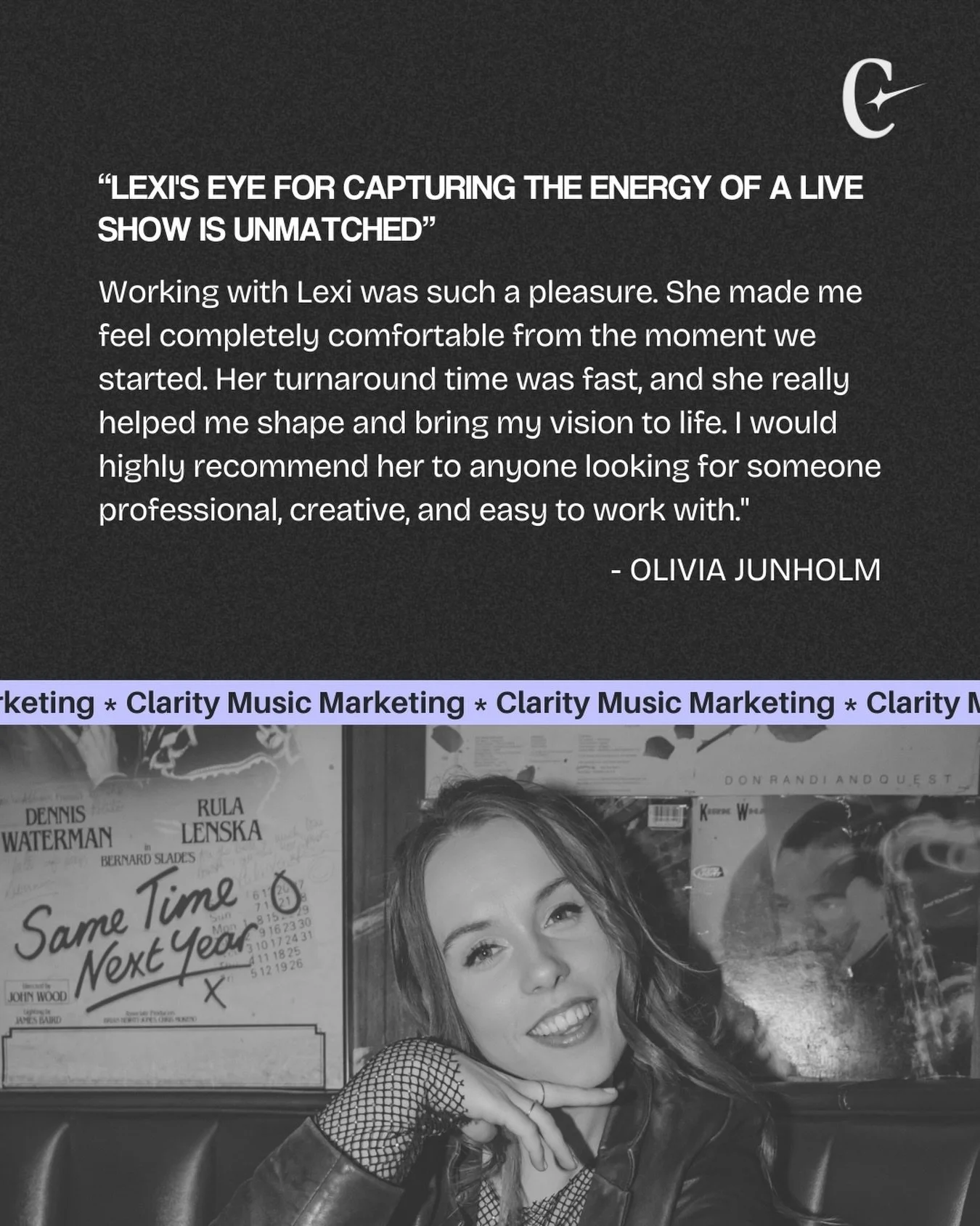 @leximphotos did an amazing job capturing the energy of @oliviajunholm&rsquo;s show 📸

To see Lexi&rsquo;s photography or learn more about working with her, visit our website.
.
.
.
#claritymusicmarketing #musicphotographer #concertphotographer #art