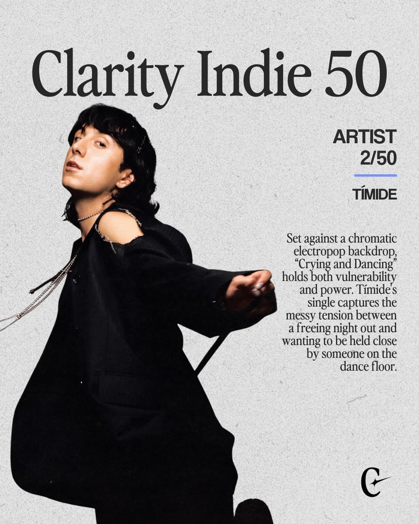 The next artist on our Clarity Indie 50 countdown is @__timide___, and we can&rsquo;t get enough of their song &ldquo;Crying and Dancing.&rdquo;

Stick around as we reveal the final artist tonight and the full playlist tomorrow.
.
.
#clarityindie50 #