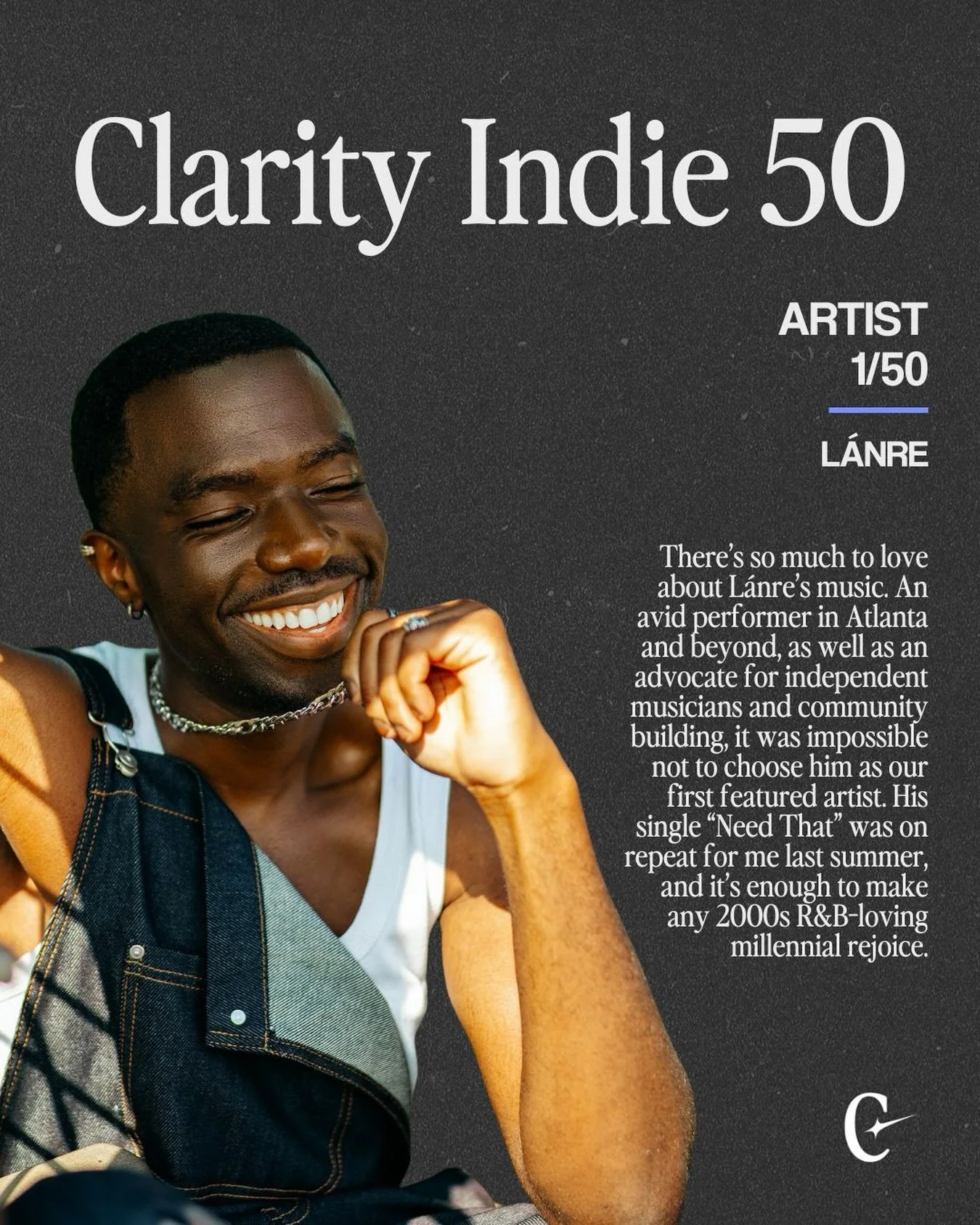 Introducing @lanre.official, a pop r&amp;b artist based in Atlanta, Georgia.

Our first Clarity Indie 50 playlist and editorial feature goes live tomorrow, and we can&rsquo;t wait to share it with you.
.
.
#clarityindie50 #clarityplaylists #risingsta