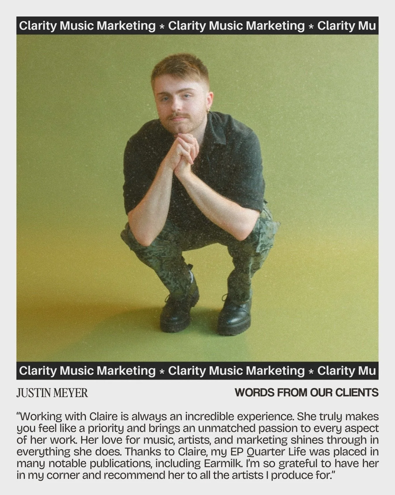 Supporting @justin.meyer.music&rsquo;s EP Quarter Life through a strategic PR campaign led to features in publications like @earmilk and beyond.

Great music and storytelling, shared with the right audience, go a long way.
.
.
#claritymusicmarketing 