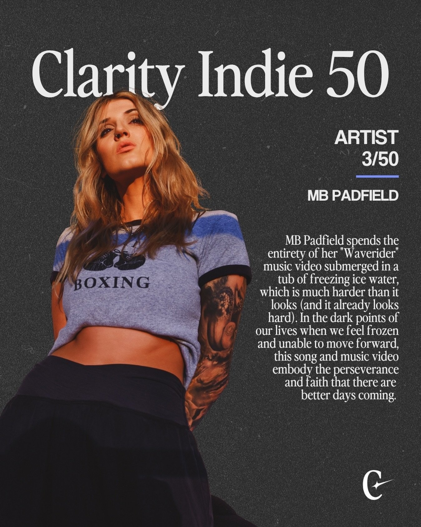 @mbpadfield&rsquo;s &ldquo;Waverider&rdquo; is about staying afloat when life keeps throwing waves your way.

Tune in to this song and more great tracks on the Spring 2026 Clarity Indie 50, coming in just a few days.
.
.
.
#clarityindie50 #claritypla