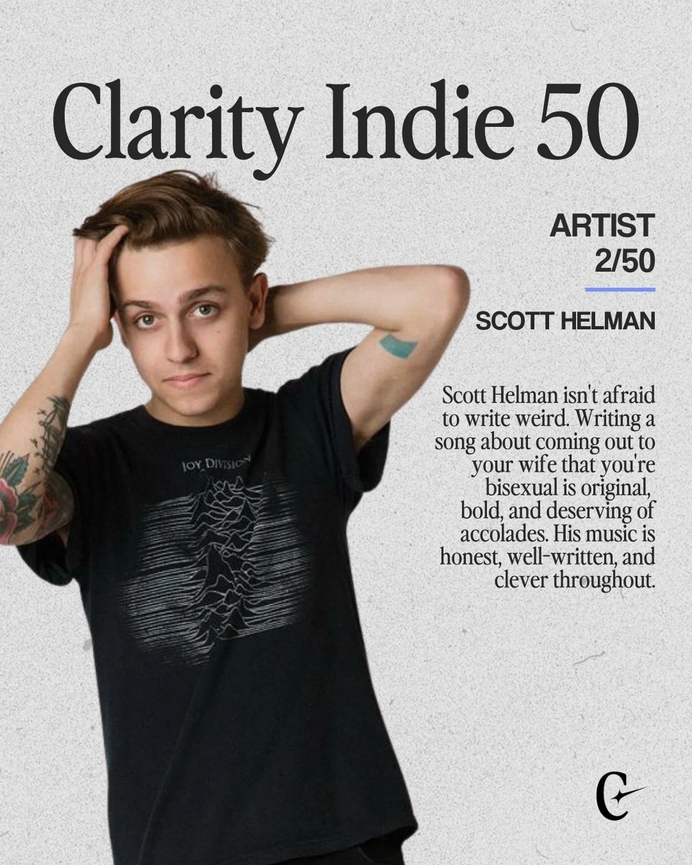@scotthelman is a songwriter who isn&rsquo;t afraid to go where most won&rsquo;t. His writing is unflinching and completely his own.

Our full Summer 2026 Indie 50 editorial series and playlist go live August 13th. Are you excited?
.
.
#clarityindie5