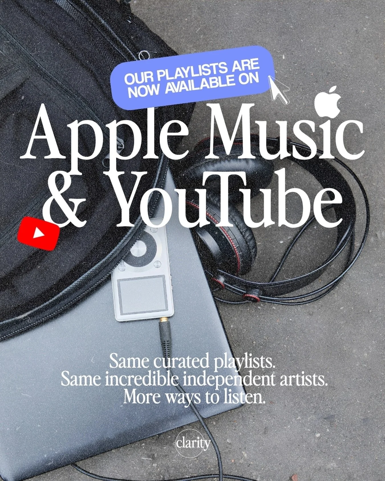 Not a Spotify person? Now you don&rsquo;t have to be. Every Clarity playlist, including the Clarity Indie 50, is now officially on Apple Music and YouTube in addition to Spotify. Tap the link in our bio and go find your next favorite independent arti