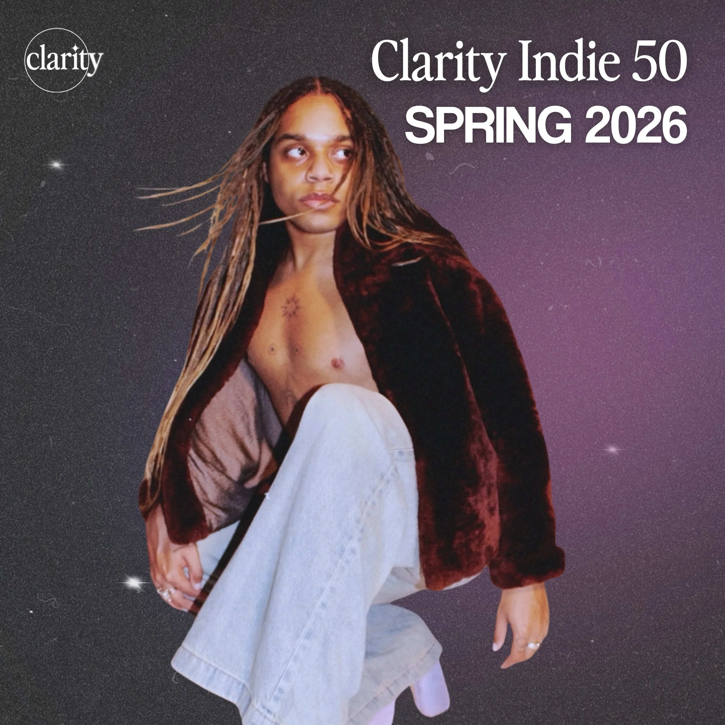 Clarity Indie 50 Spring 2026 playlist cover spotlighting independent artists, with Quentin in a maroon fur coat posed against a cosmic purple backdrop.