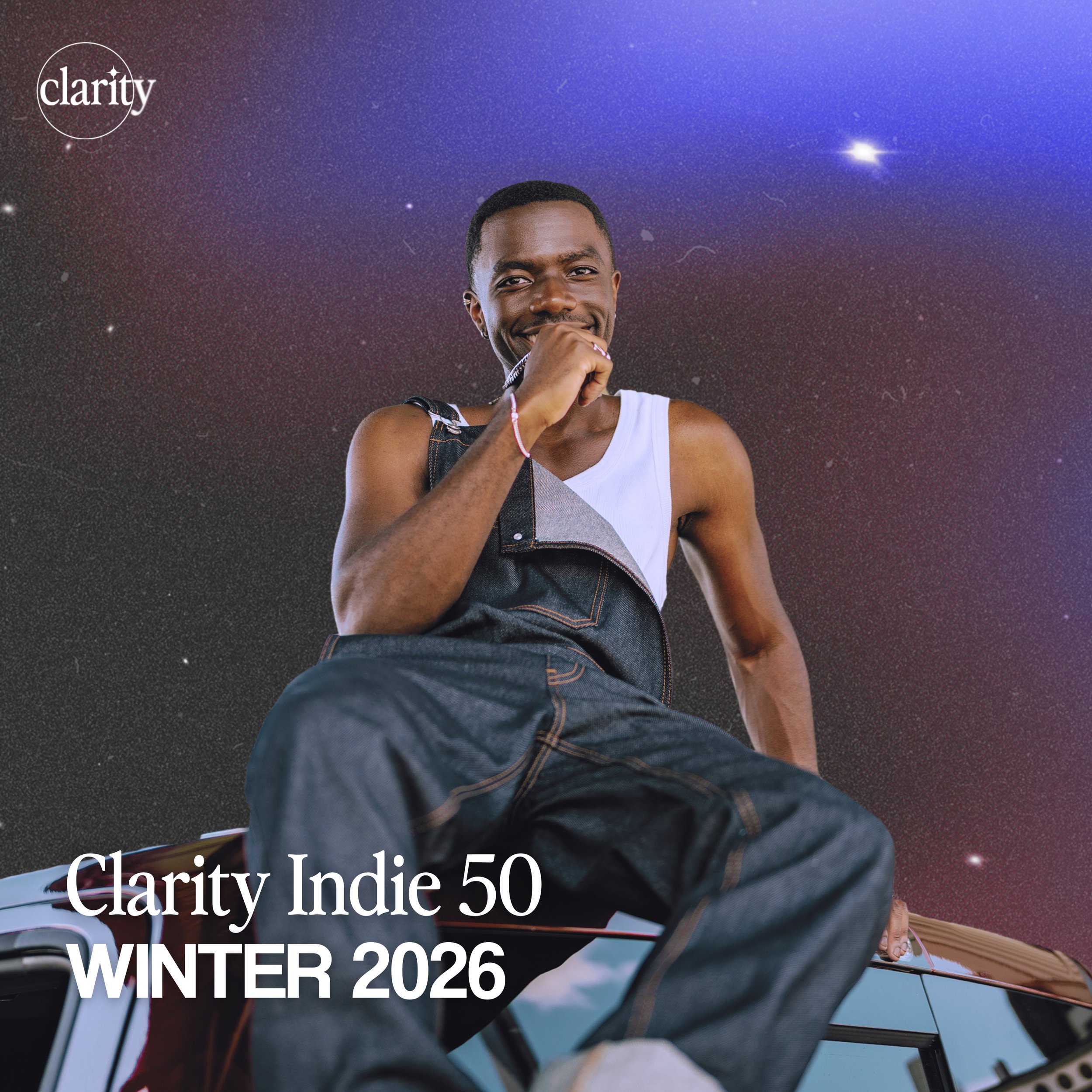 Lánre smiling while sitting on a car roof under a dreamy, star-filled purple sky, featured on the Clarity Indie 50 Winter 2026 playlist cover.