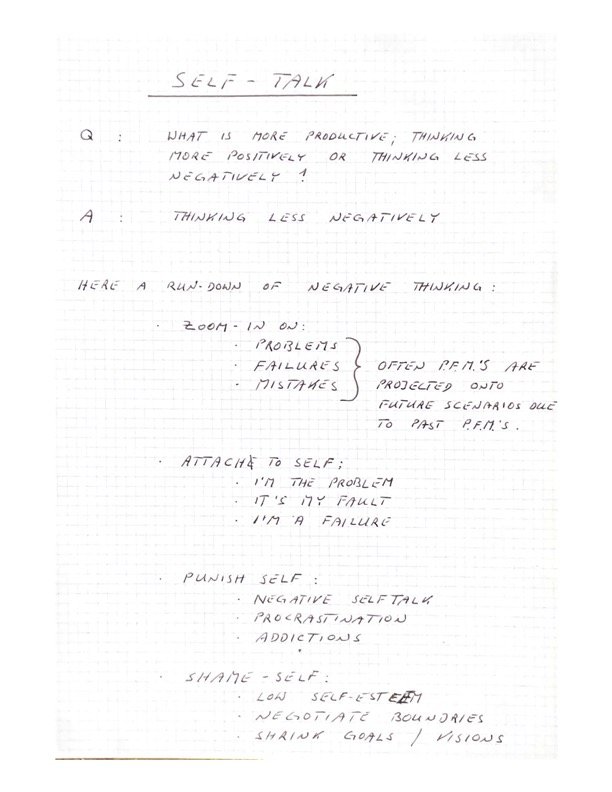 Handwritten notes titled "Self-Talk" discussing negative thinking, including strategies like attaching, punishing, and shaming oneself.