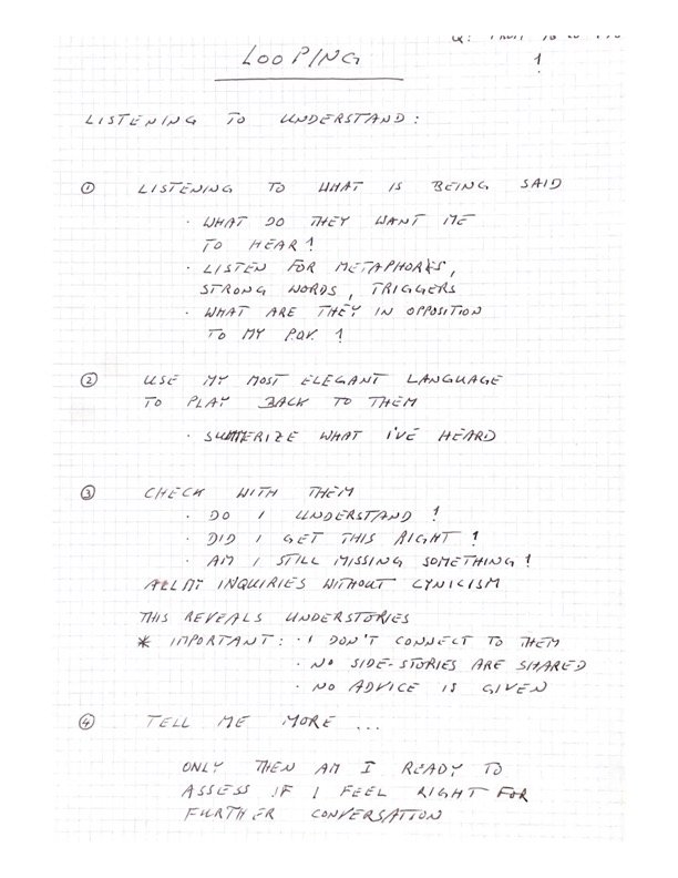 Handwritten notes titled 'LOOPING' discussing listening to understand, using elegant language, checking understanding, and telling more before responding.