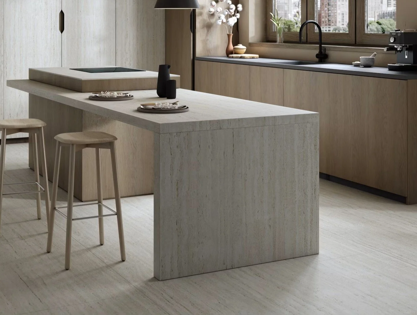 Plan de travail en Dekton avec jambage sur mesure, pierres et matieres .